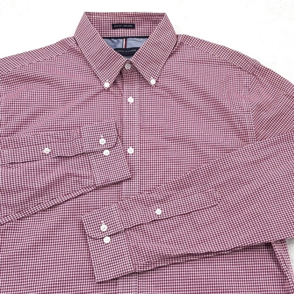 Tommy Hilfiger Mens Button Down Shirt 15.5 32/33 Red Gingham Slim Fit Non Iron